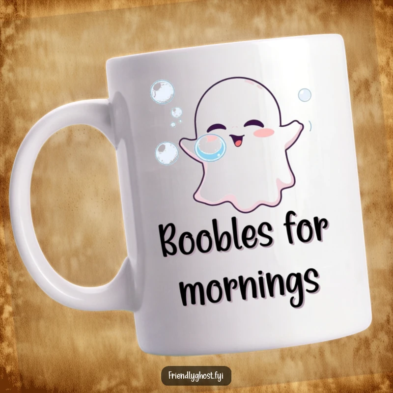 Funny mug showing a friendly ghost gently blowing iridescent bubbles from its mouth, creating a whimsical and cheerful scene.