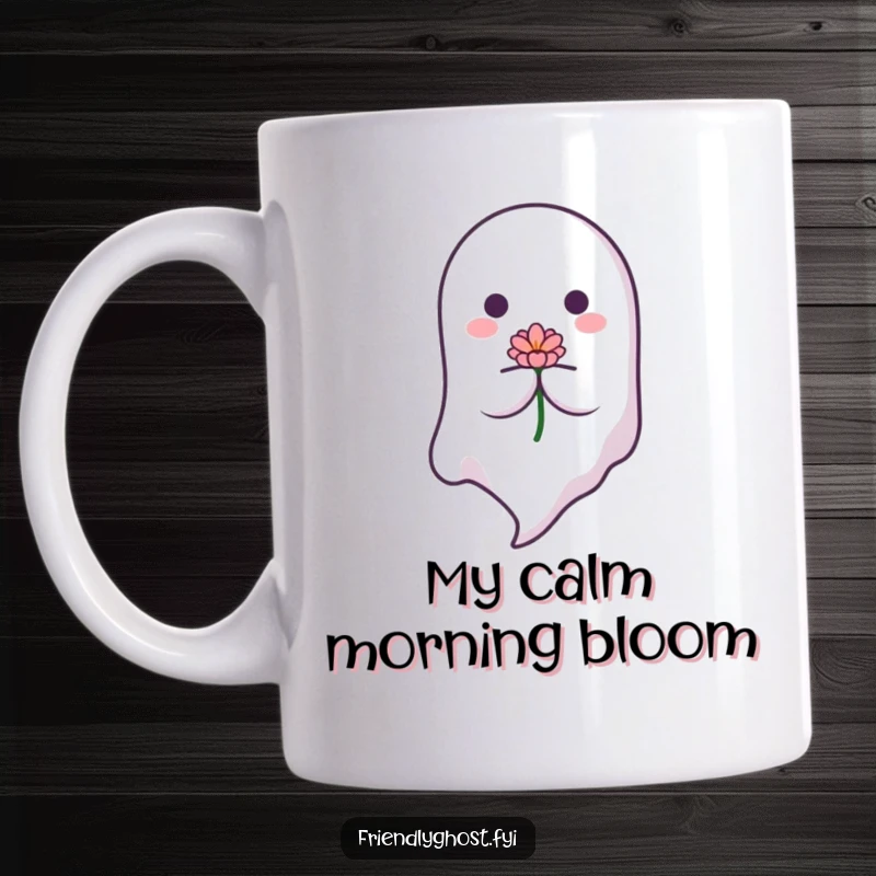 Funny Gentle Ghost Flower Mug: A peaceful ghost floats down holding a delicate blooming flower. A calming and funny gift for thoughtful souls.