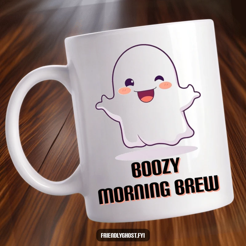 Funny mug with a friendly ghost character playfully booing with a wide, cheerful, happy grin.