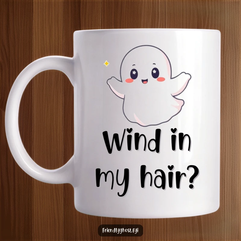 Funny ghost mug with twinkling eyes happily soaring on a gentle, invisible breeze, conveying blissful freedom.