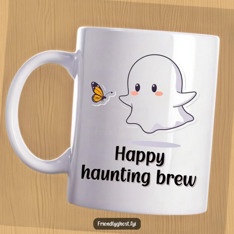 Funny mug showing a small ghost character joyfully and playfully chasing a delicate butterfly, capturing pure delight and innocent fun.