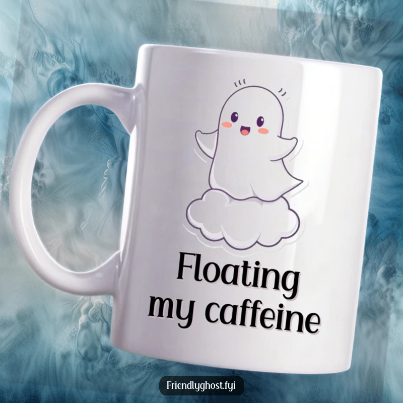 Funny Ghost Cloud Rider Mug: Cheerful spirit playfully riding a tiny cloud, perfect for a humorous gift.