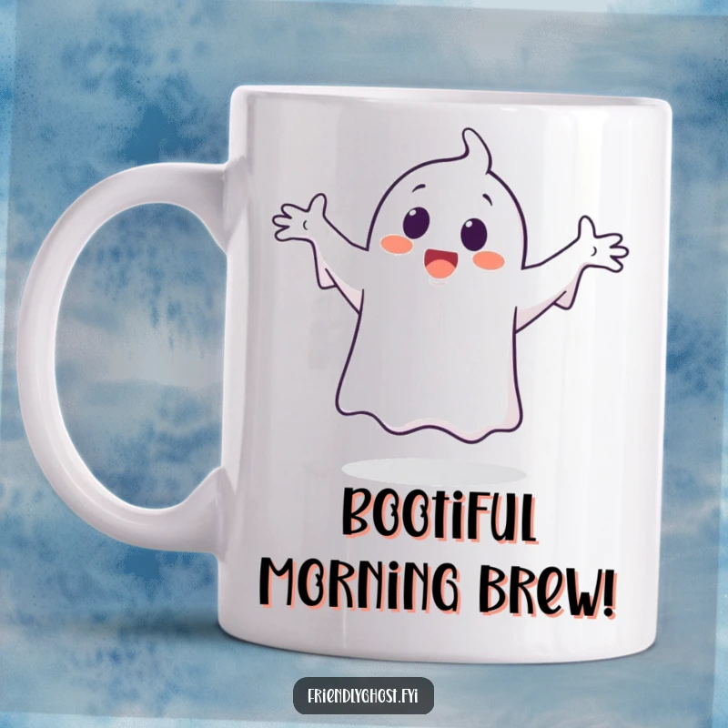 Funny ghost character mug, happily dancing with arms wide open in a silly, joyful pose, spreading spectral cheer.