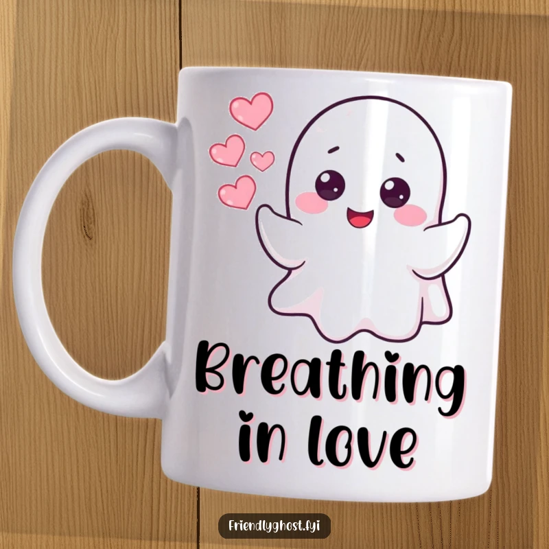 Funny cheerful ghost blowing bubbles that form tiny hearts, spreading love on a mug.