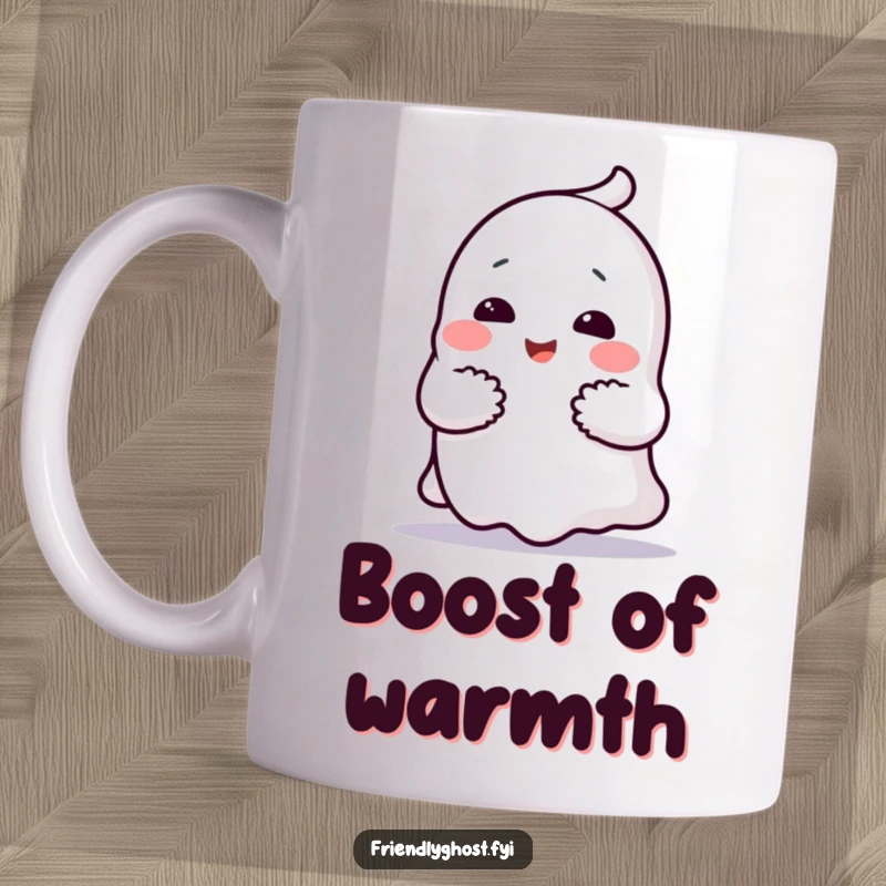Funny ghost hug mug with a cheerful character giving a comforting hug, a warm and spooky gift for ghost lovers.