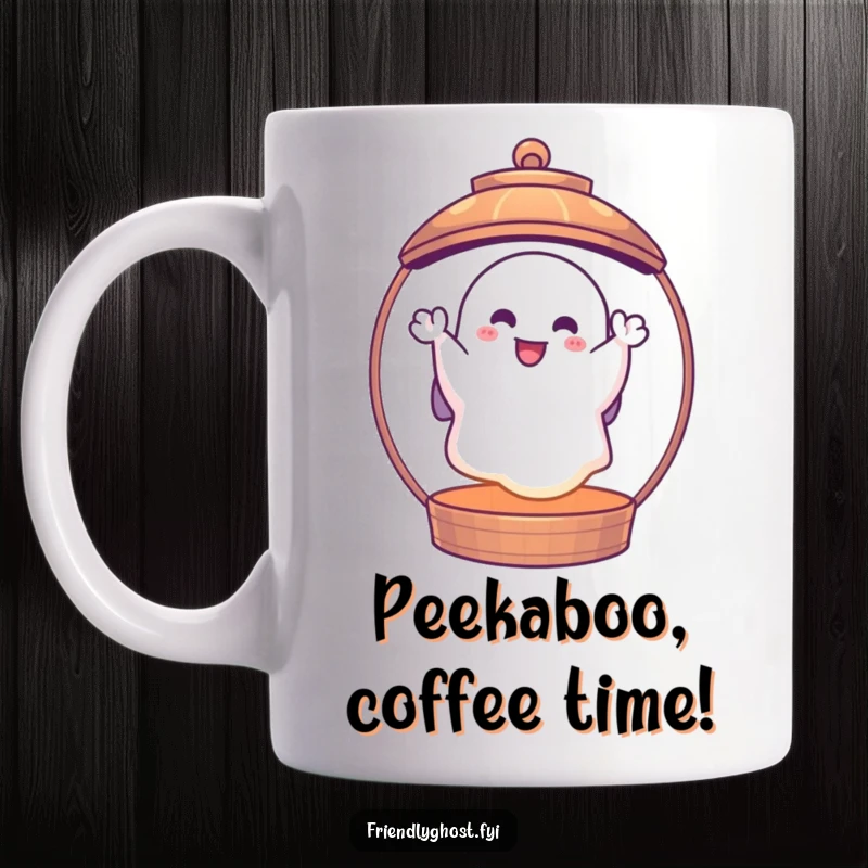Funny ghost lantern mug with art of a cheerful, happy ghost waving from inside a bright, glowing lantern, perfect for spooky gift lovers.