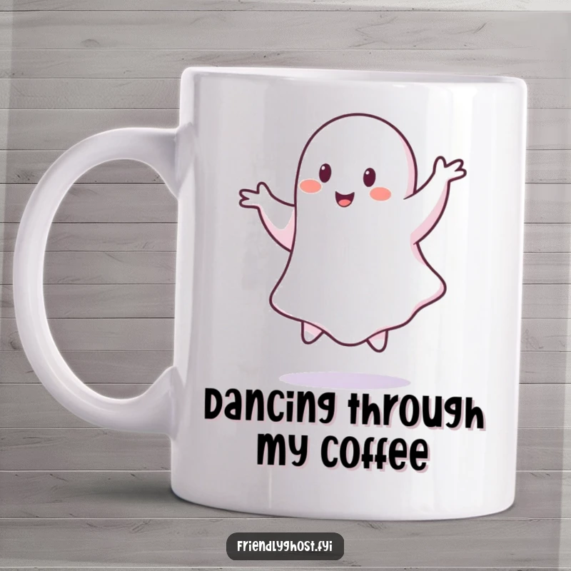 Funny ghost mug, a playful specter performing a floating pirouette with joyful abandon.