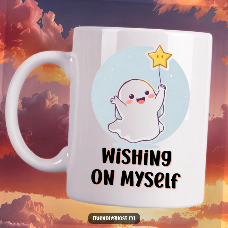 Funny Ghost Star Mug: Delightful ghost joyfully catching a falling star, embodying cosmic wonder and playful celebration.