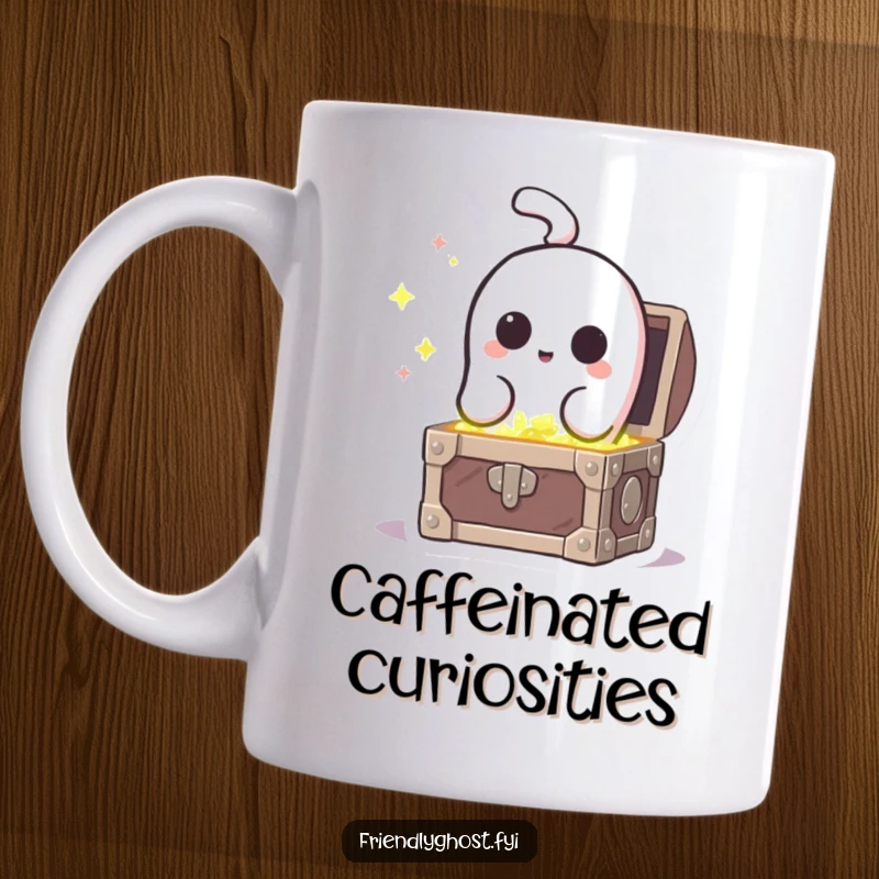 Funny curious ghost character peeking into a sparkling treasure chest, full of wonder on a mug.