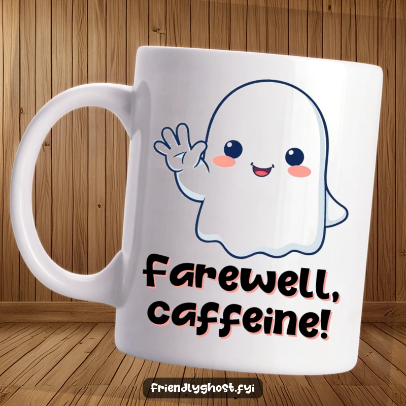 Funny ghost mug showing a happy, friendly ghost waving goodbye gently, perfect for farewells and adding a touch of humor.