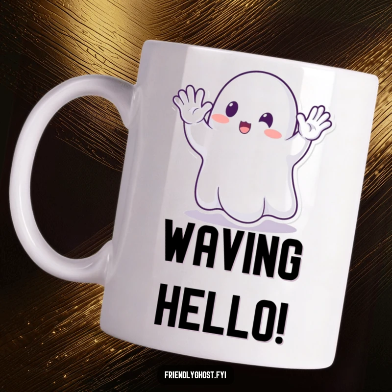 Funny Ghost Waving Mug: Transparent ghost enthusiastically waving with its hand, radiating cheerful, friendly spectral vibes.