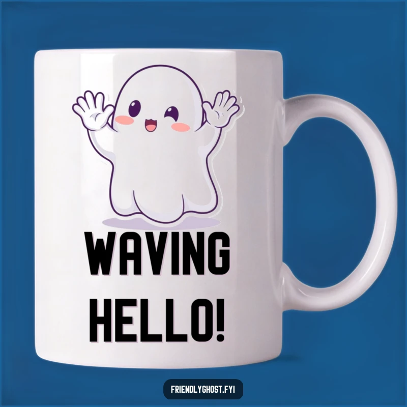 Funny Ghost Waving Mug: Enthusiastic Hallo-Guest for a Hilarious Gift