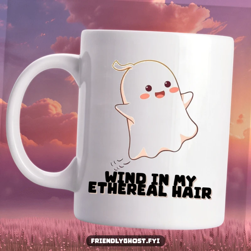 Funny Ghost Wind Rider Mug: A cheerful ghost gleefully surfs a playful gust of wind, bringing smiles and laughter with its whimsical design.