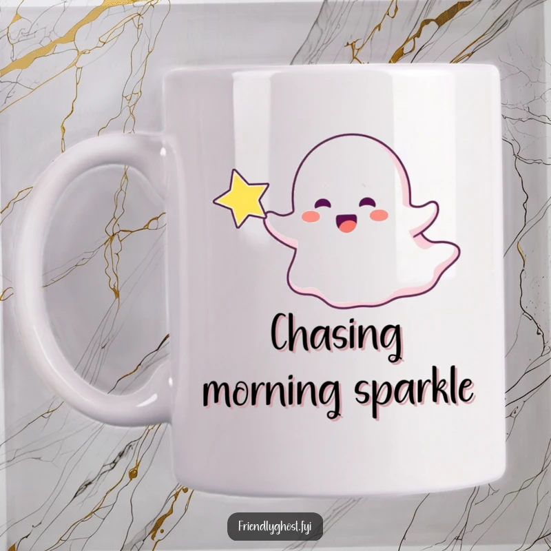 Funny ghost mug showing a ghost character joyfully chasing a sparkling star across a starry night sky.