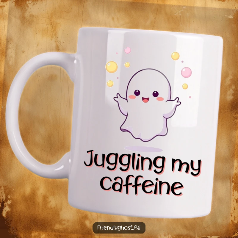 Funny juggling ghost mug with a tiny character expertly juggling tiny, glowing orbs, a whimsical and energetic gift.
