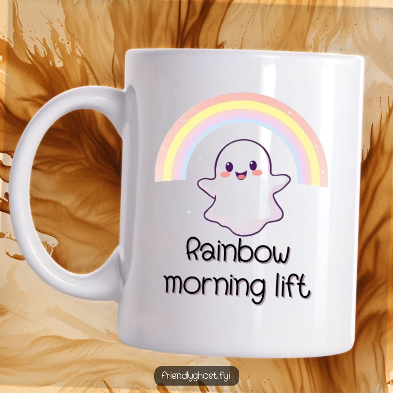 Funny mug showing a cheerful ghost happily floating amidst a vibrant, shimmering rainbow, evoking a sense of wonder and delight.