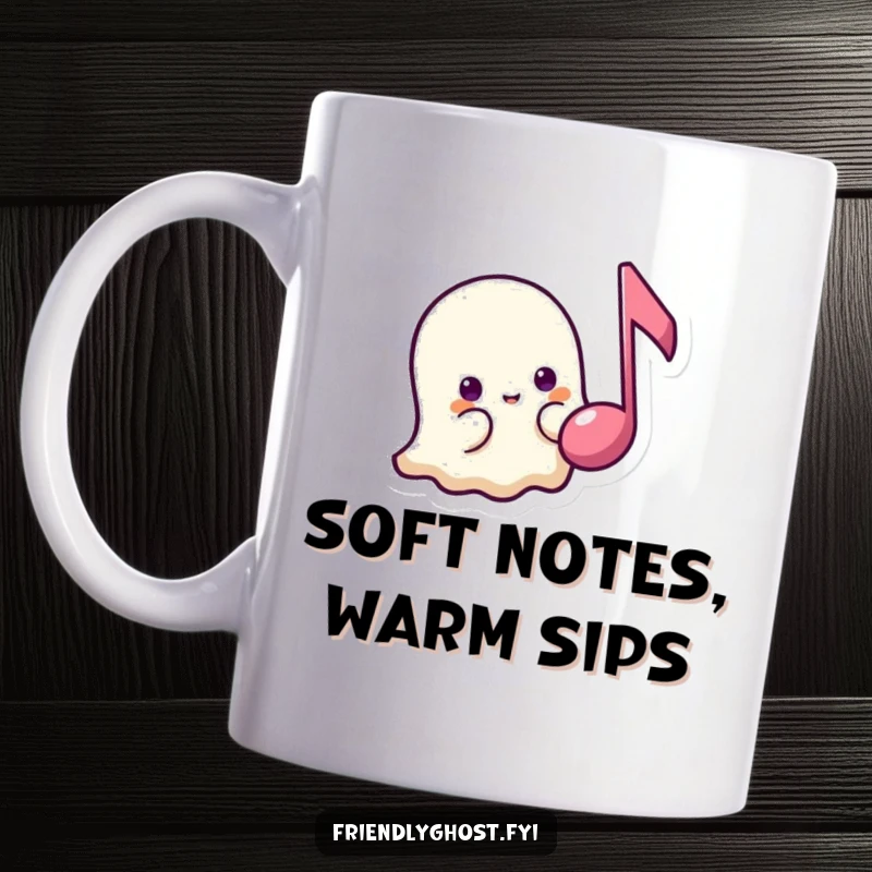 Funny shy ghost music mug featuring a timid ghost peeking from behind a floating music note, ideal for gentle humor and music lovers.