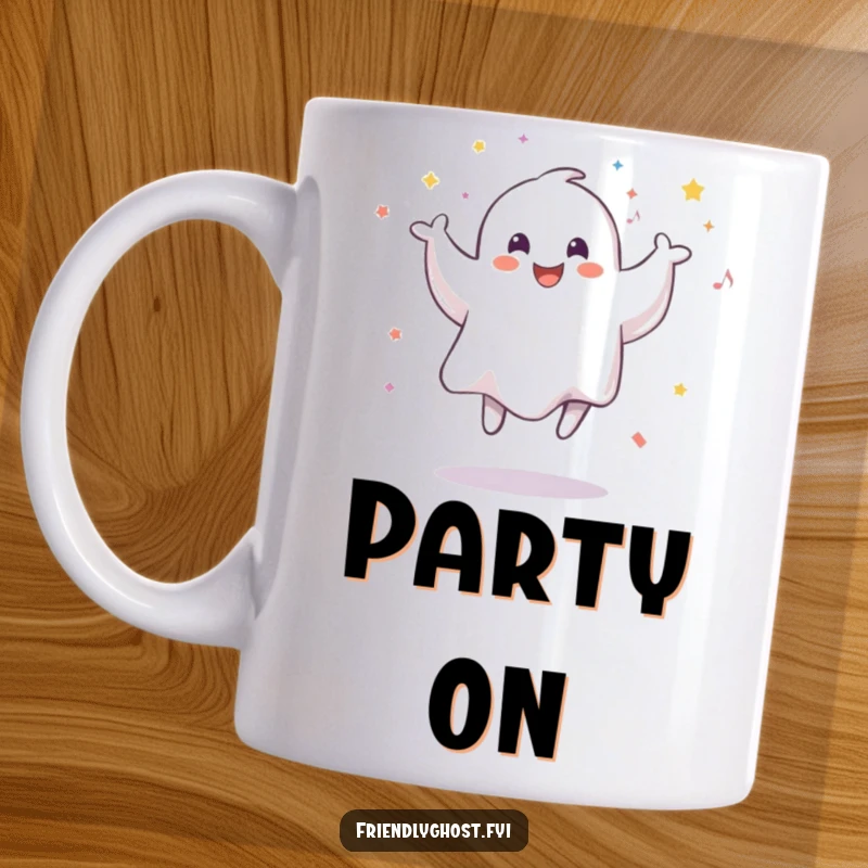 Funny mug featuring a smiling ghost joyfully jumping amidst a shower of colorful confetti, capturing pure spectral celebration.