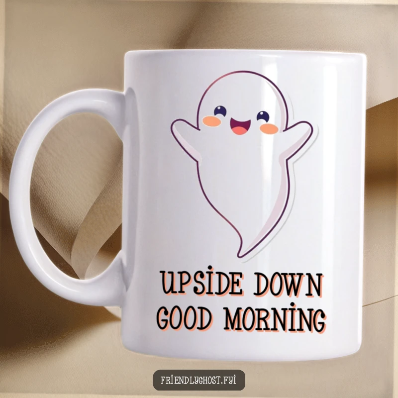 Funny upside down ghost mug featuring a smiling, happy ghost character floating carefree, ideal for quirky humor and funny gift occasions.