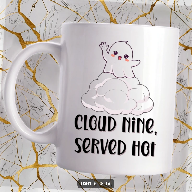 Funny mug shows a happy ghost waving hello from its perch atop a pile of soft, fluffy clouds, a serene and cheerful scene.