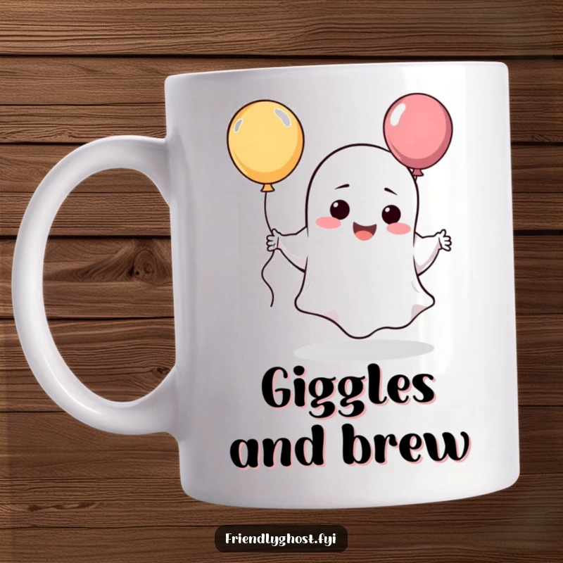 Funny giggling ghost mug featuring a cheerful character doing a silly dance while holding a colorful balloon.
