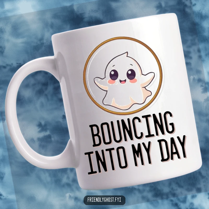 Funny mug with a giggling ghost with big eyes gently floating through a hoop, embodying playful mischief.