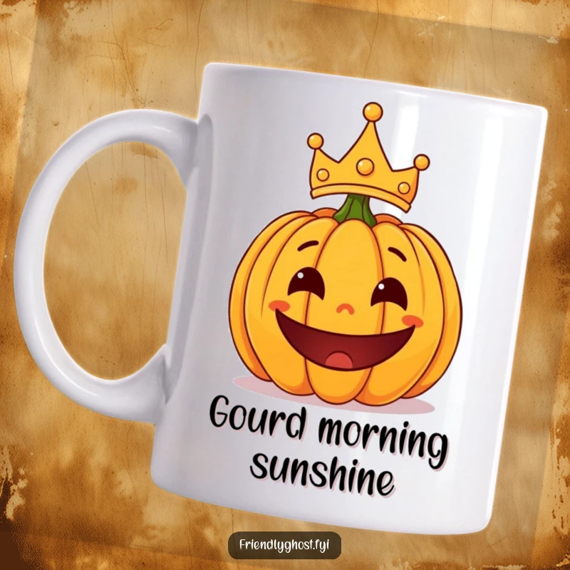 Funny surprised pumpkin with a playful grin, wearing a tiny, lopsided crown, a humorous Halloween-themed mug.