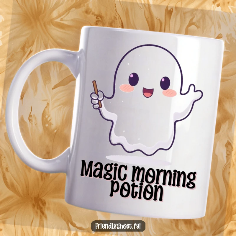 Funny mug with a translucent ghost happily waving a tiny, glowing wand, radiating enchantment and joy.