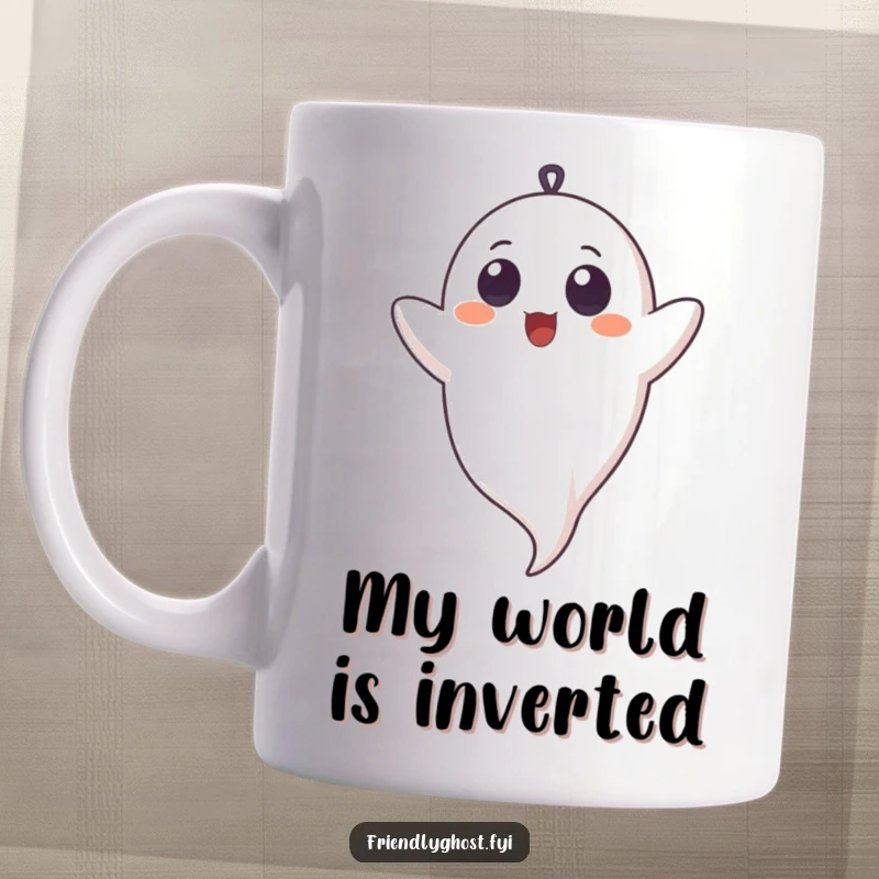 Funny mug showing a ghost with innocent eyes giggling while humorously suspended upside down, a whimsical and cheerful sight.