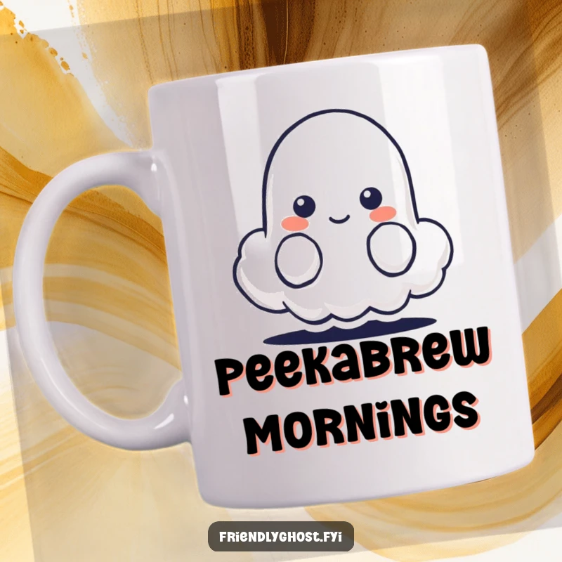 Funny mug with a shy ghost character peeking from behind a small, smiling cloud.