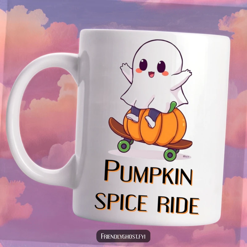Funny ghost mug showing a spectral character joyfully riding a small pumpkin like a skateboard, capturing playful excitement.