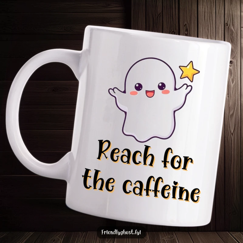 Funny mug depicts a friendly ghost extending its wispy hand towards a tiny, flickering star, conveying wonder and aspiration.