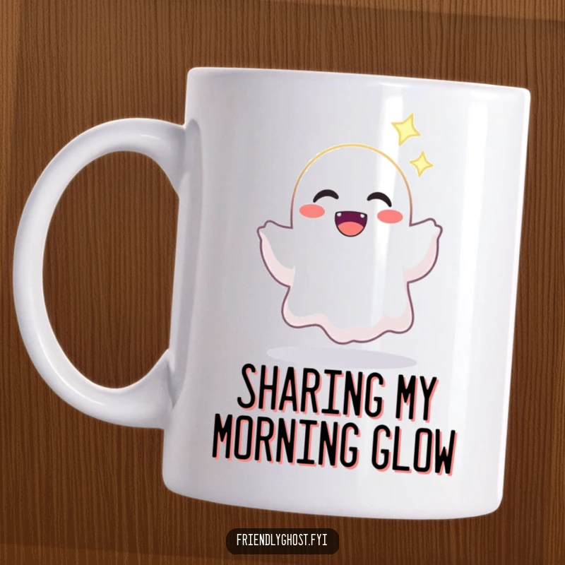Funny mug with a joyful ghost character offering a bright, sparkling light to another, symbolizing kindness and generosity.