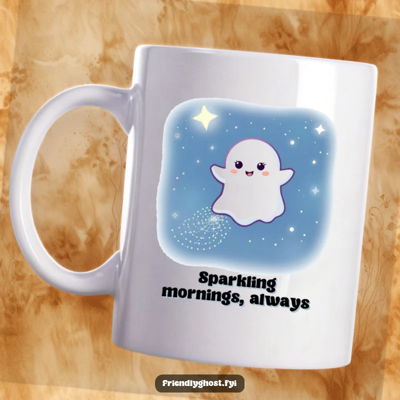 Funny mug shows a smiling ghost leaving a sparkling path through the dark night sky, evoking wonder and tranquility.