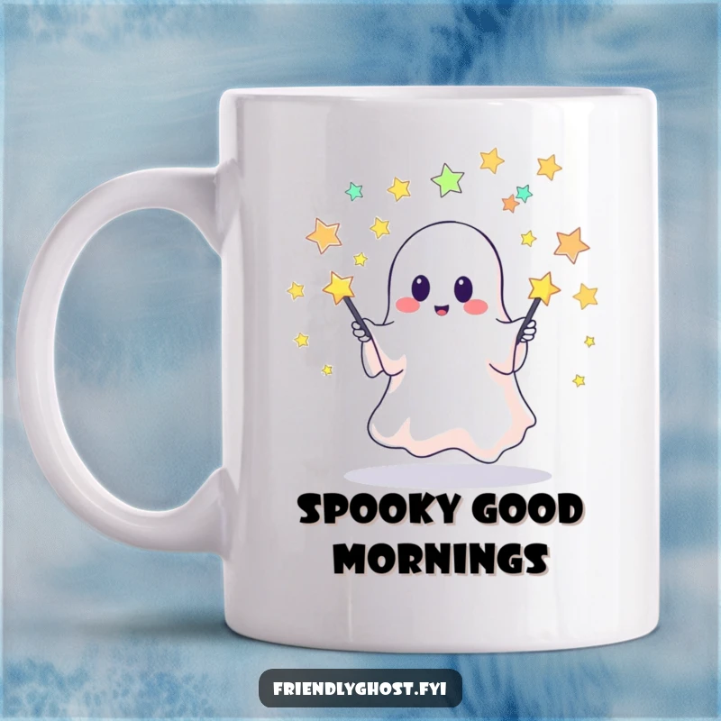 Funny mug featuring a cute, happy ghost playfully juggling colorful pins made of tiny stars, radiating whimsical, starry fun.