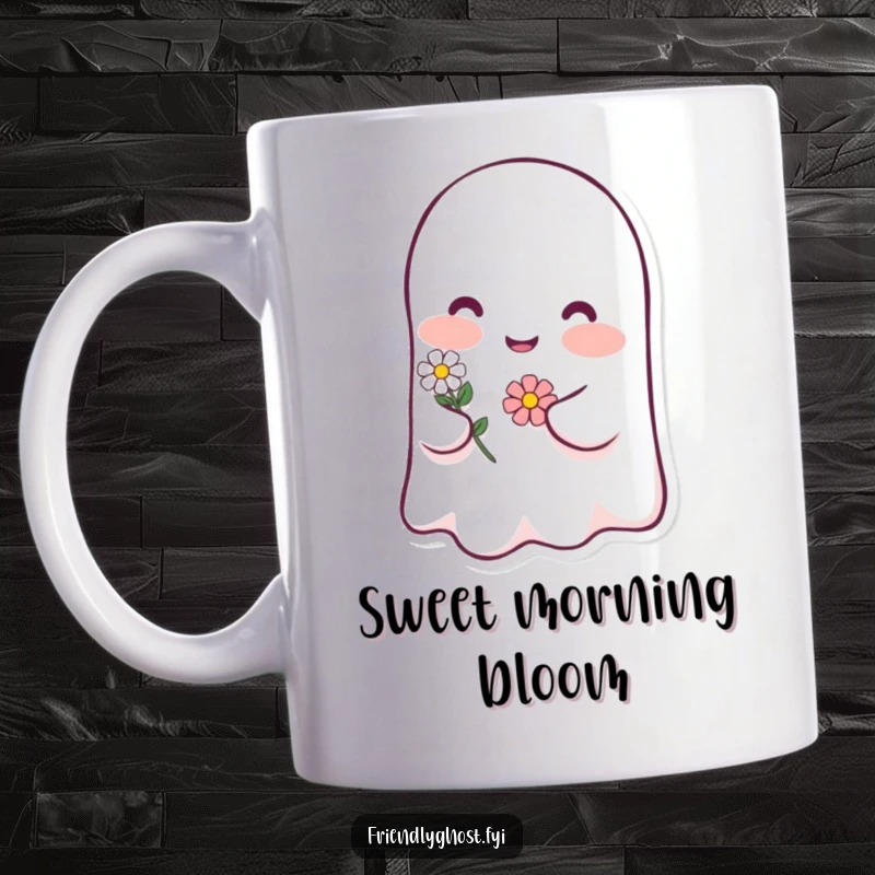Funny ghost blush mug with a happy character blushing pink and holding a tiny flower, a sweet and charming gift.