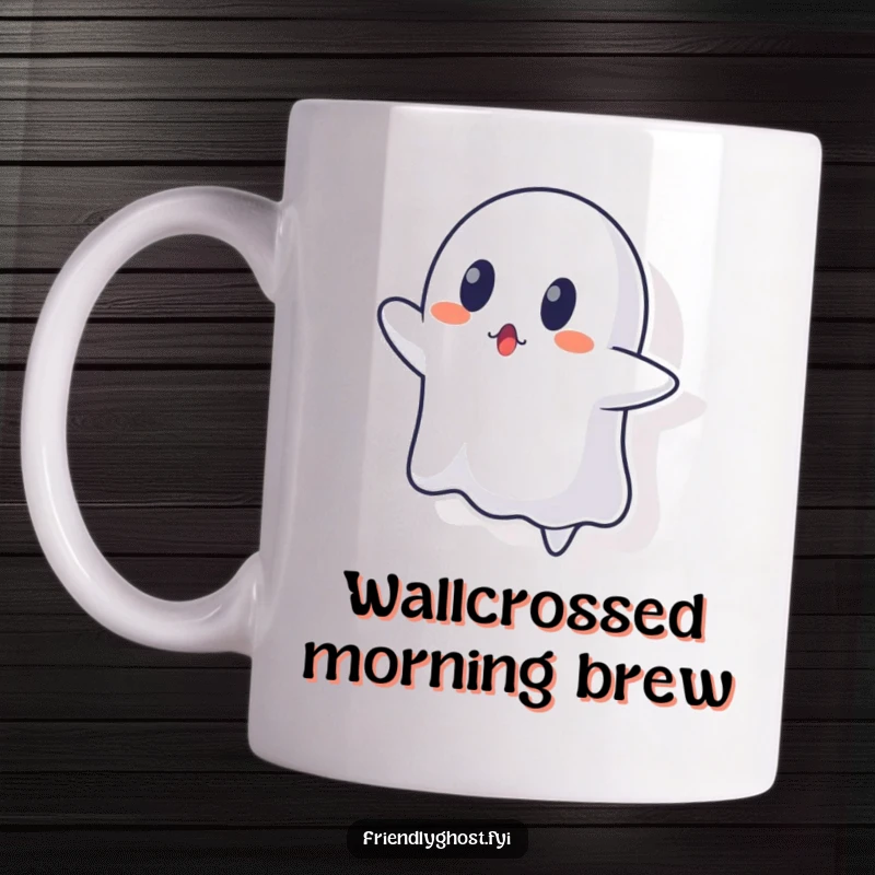 Funny ghost mug showing a ghost character surprised after failing to float through a solid wall.