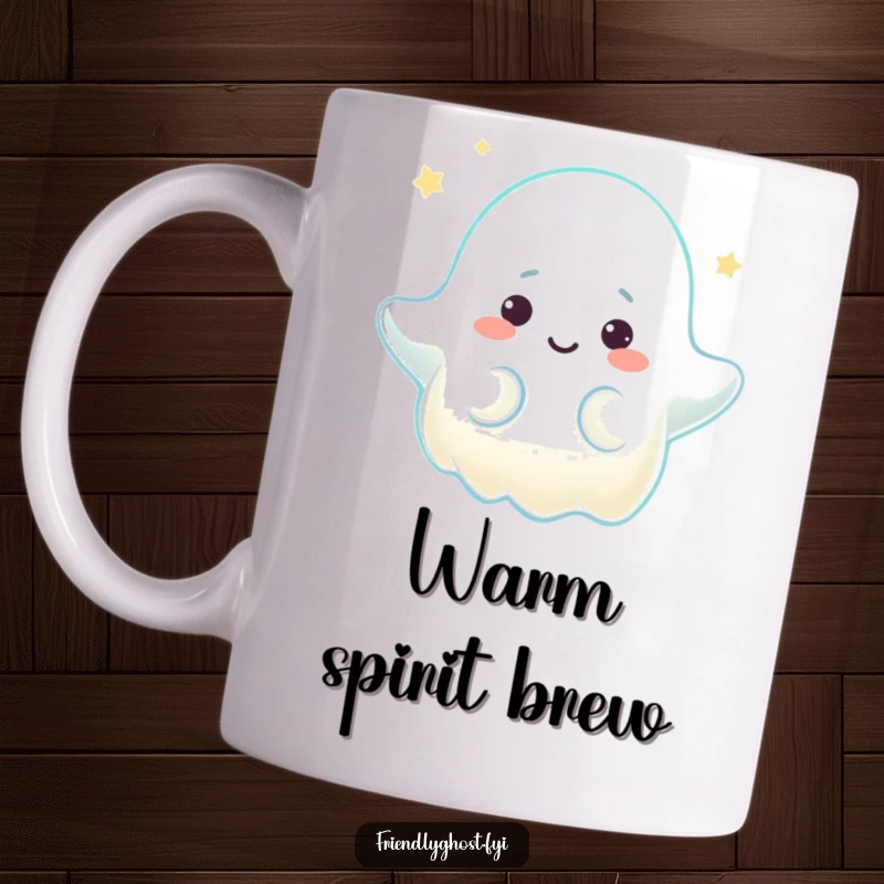 Funny mug showing a ghost character offering a warm, comforting glow with a gentle expression, radiating peace and soft light.