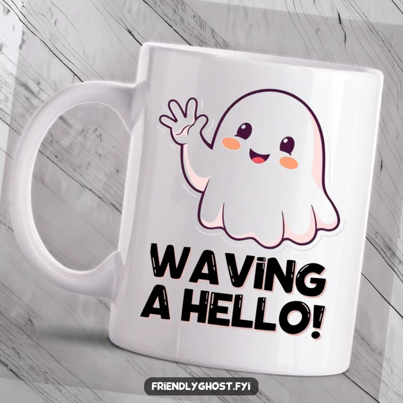 Funny Ghost Waving Mug: Happy spirit enthusiastically waving with a spectral hand, perfect for a humorous gift.