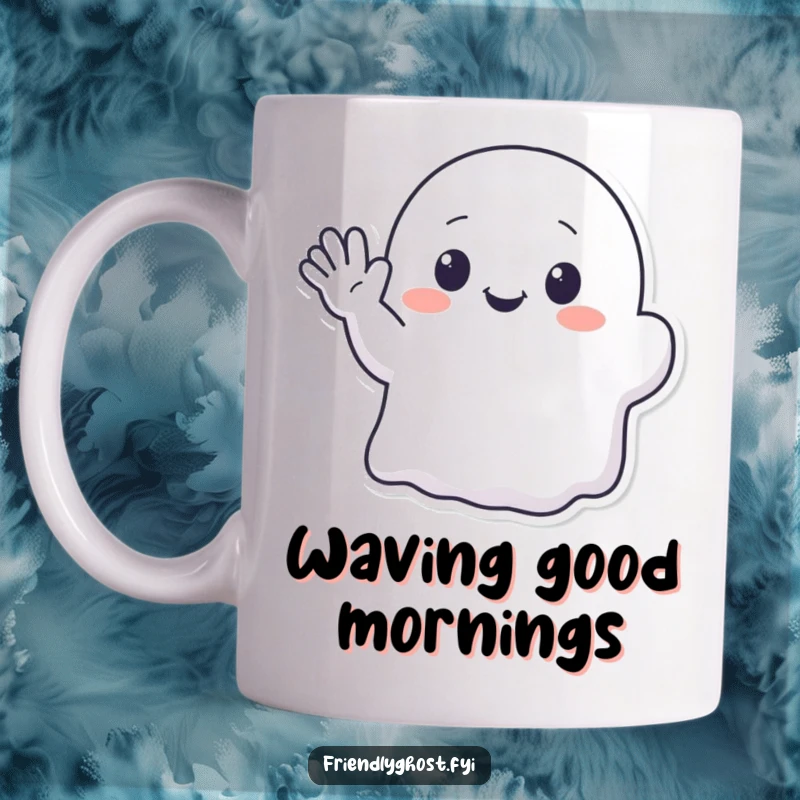 Funny mug with a kawaii ghost character enthusiastically waving with a cute, translucent hand.