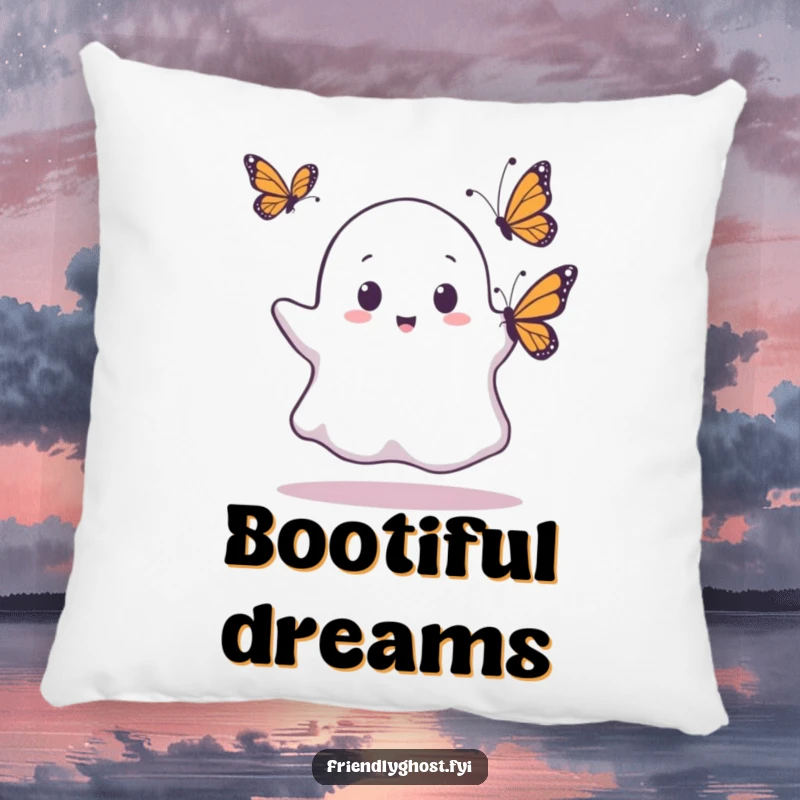 Funny pillow with a ghost showing comical surprise at a butterfly landing on it, offering comfortable and humorous decor.