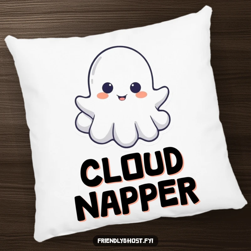 Funny pillow featuring a little ghost playfully peeking from behind a cloud, offering spectral comfort and adorable charm.