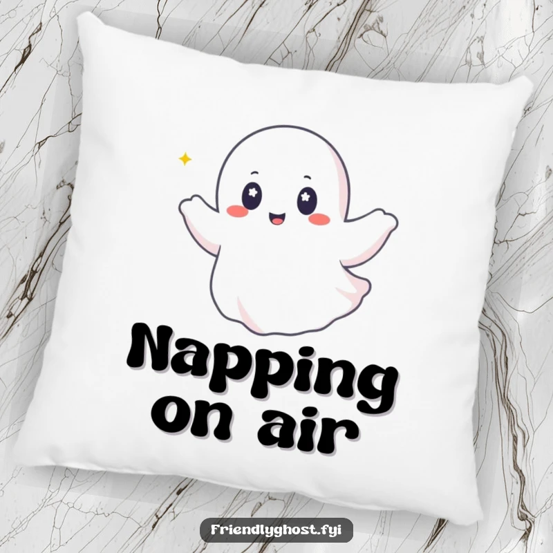 Funny ghost pillow with twinkling eyes happily riding a gentle breeze, perfect for adding softness and whimsical joy.