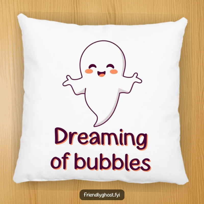 Funny ghost pillow depicting a smiling ghost with open arms, embracing a delicate floating bubble for soft comfort.