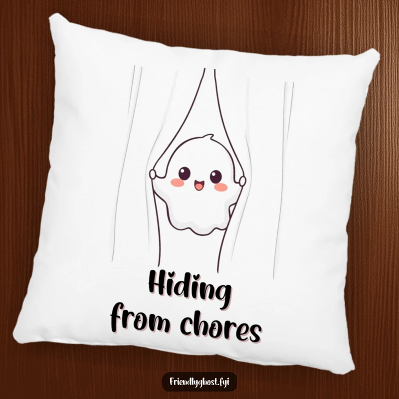 Funny ghost pillow featuring a cheerful ghost peeking from behind a shimmering curtain, perfect for adding softness and humor.