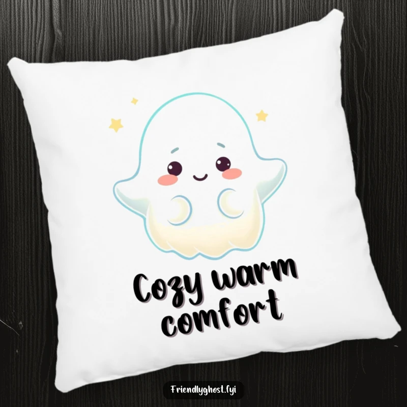 Funny pillow showcasing a ghost character emitting a warm, comforting glow with a gentle expression, embodying soft comfort and peaceful vibes.