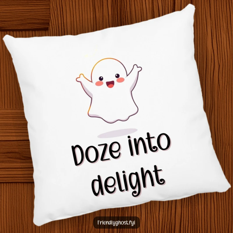 Funny joyful ghost character doing a cartwheel in a sunbeam, on a soft and humorous pillow.