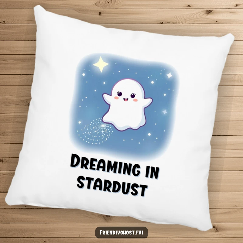 Funny pillow with a gentle ghost leaving a sparkling path through the night sky, offering serene comfort and mystical dreams.