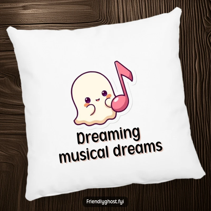 Funny shy ghost music pillow featuring a timid ghost peeking from behind a floating music note, perfect for cozy, gentle, and funny gifts.