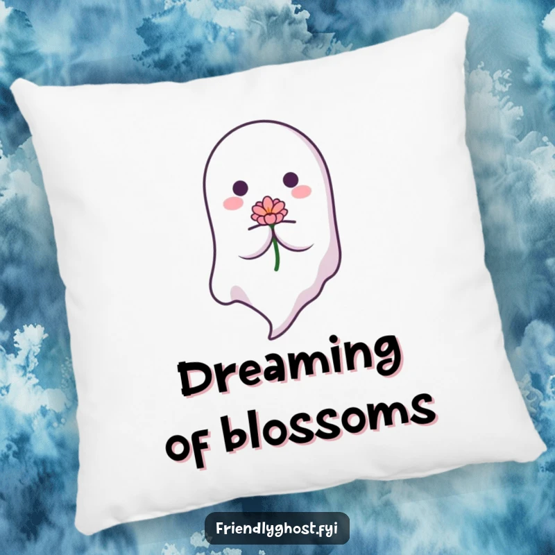 Funny Floating Ghost Pillow: A soft pillow with a serene ghost holding a blooming flower. A calming and funny gift for relaxation.
